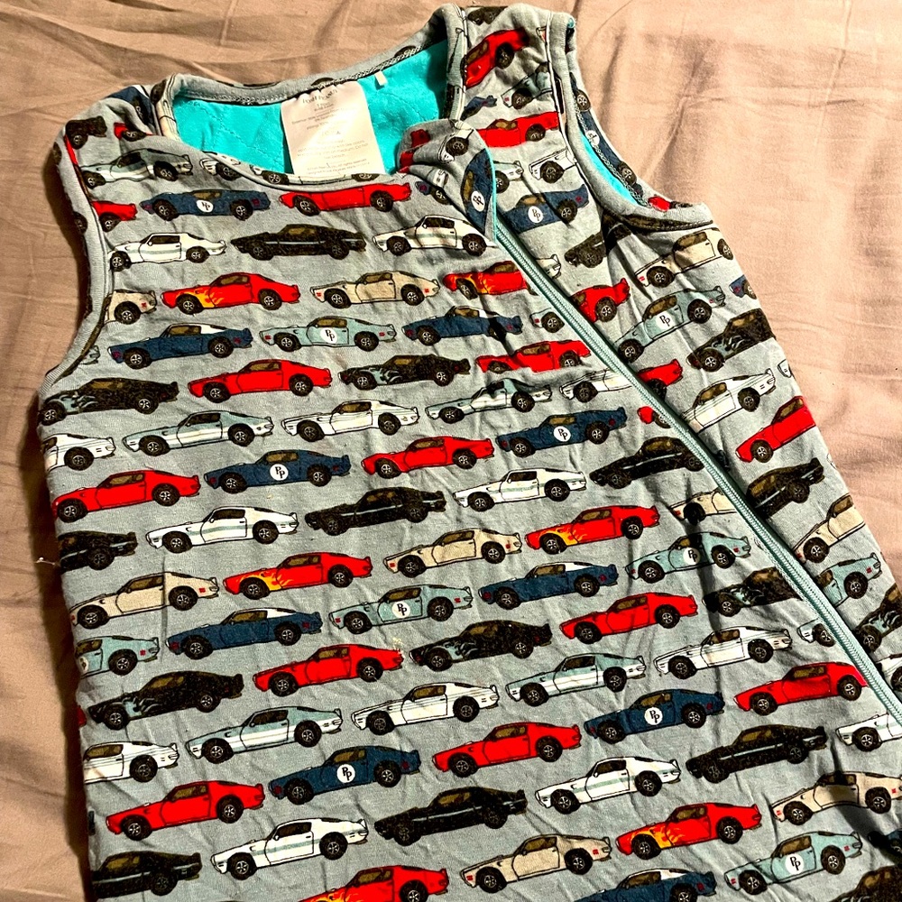 Soft sleep sack with fun car print for babies 6 to 12 months by posh peanut